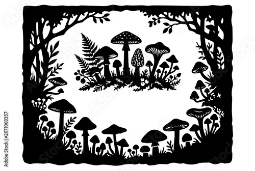 Folk Art Mushroom Forest Silhouette with Fungi and Ferns
