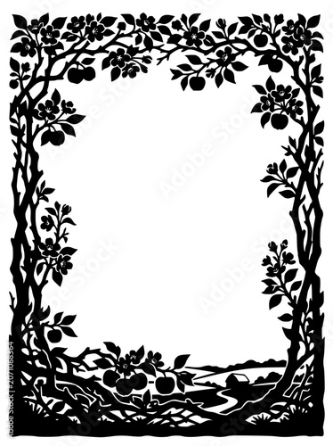 Decorative silhouette border with tree branches flowers and apples