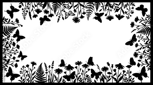 Floral Wildflower and Butterfly Silhouette Border Frame