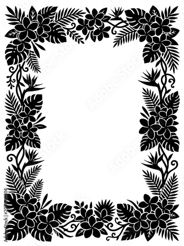 Tropical Botanical Border Silhouette with Monstera Leaves and Exotic Flowers