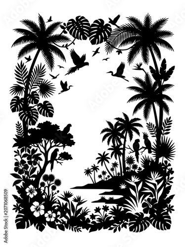 Tropical Jungle Silhouette Landscape with Palm Trees Parrots and Hibiscus Flowers