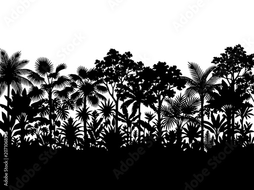 Tropical Jungle Silhouette Background with Palm Trees and Exotic Plants
