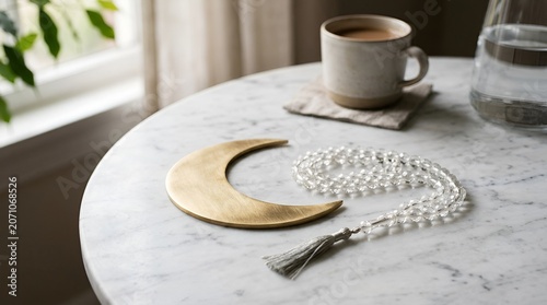 Zen Moon Decor, Prayer Beads and Coffee on Marble Table