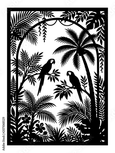 Tropical Jungle Silhouette with Macaw Parrots and Palm Trees