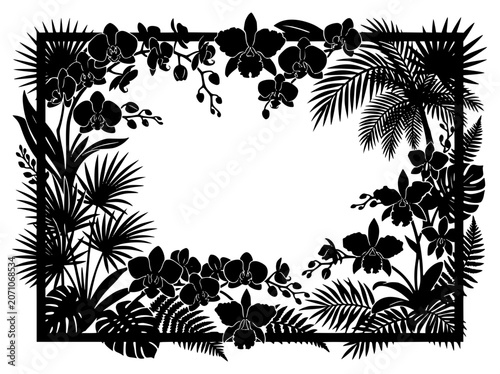 Tropical Orchid and Palm Leaf Silhouette Frame Vector
