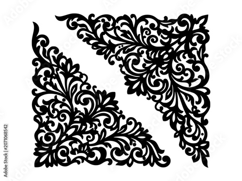 Vintage Floral Corner Ornaments Set Black Filigree Decorative Borders