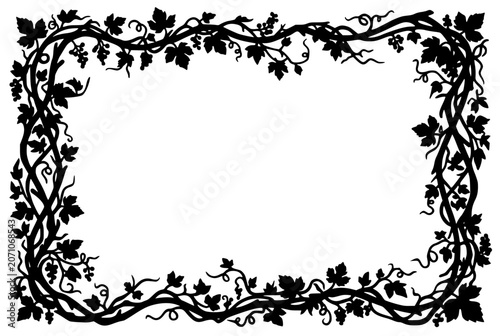 Vintage Grapevine Silhouette Frame with Leaves and Grapes Border
