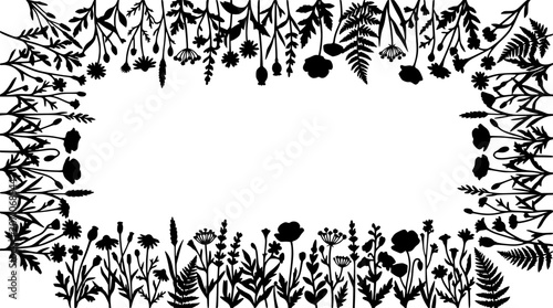 Wildflower Meadow Silhouette Border with Poppies Daisies and Fern Leaves