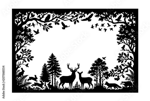 Woodland animals and forest nature silhouette border frame