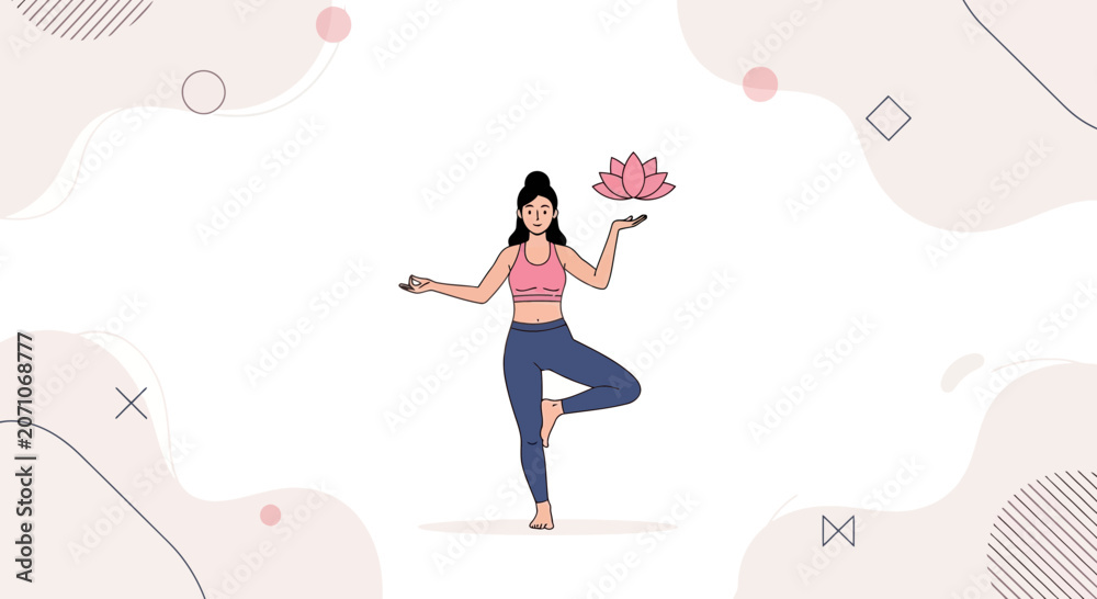 Fototapeta premium Woman in Yoga Tree Pose Holding Lotus Flower, Balance and Serenity Illustration