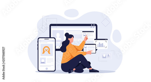 Woman Interacting With Multiple Digital Devices and Interfaces, Representing Technology, Data and Connectivity