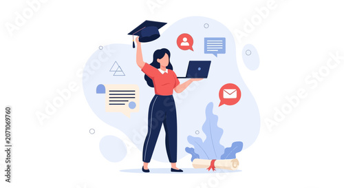 Woman with Graduation Cap and Laptop Celebrating Online Education Success and Digital Communication