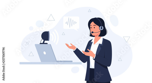 Woman with headset and webcam on laptop, online communication, business call, remote work, flat illustration, concept of digital connection