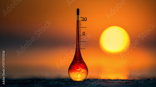 High Temperature Thermometer at Dramatic Orange Sunset – Extreme Heat Concept