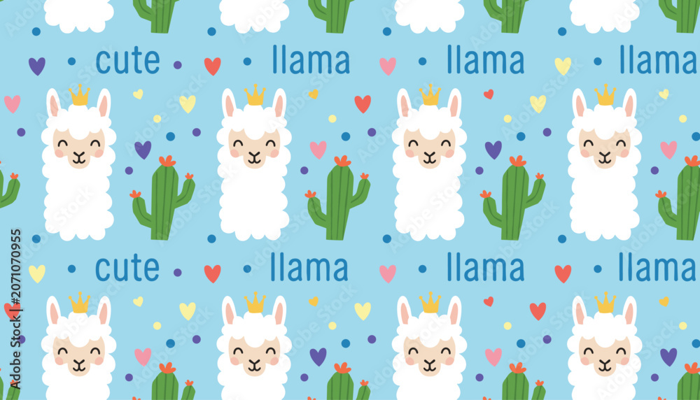 Fototapeta premium Seamless child pattern featuring adorable white llamas wearing crowns alongside green cacti, hearts, and colorful dots.