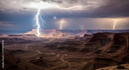 Intense Lightning Strikes Over Dramatic Grand Canyon Landscape
