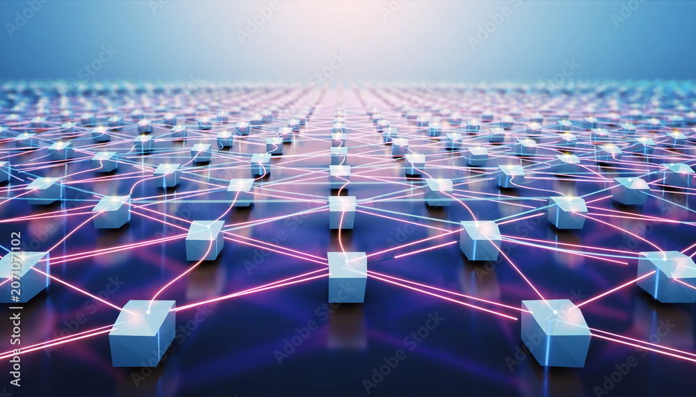 Fototapeta premium Nodes connect through glowing light paths across a dark grid to represent global data communication.