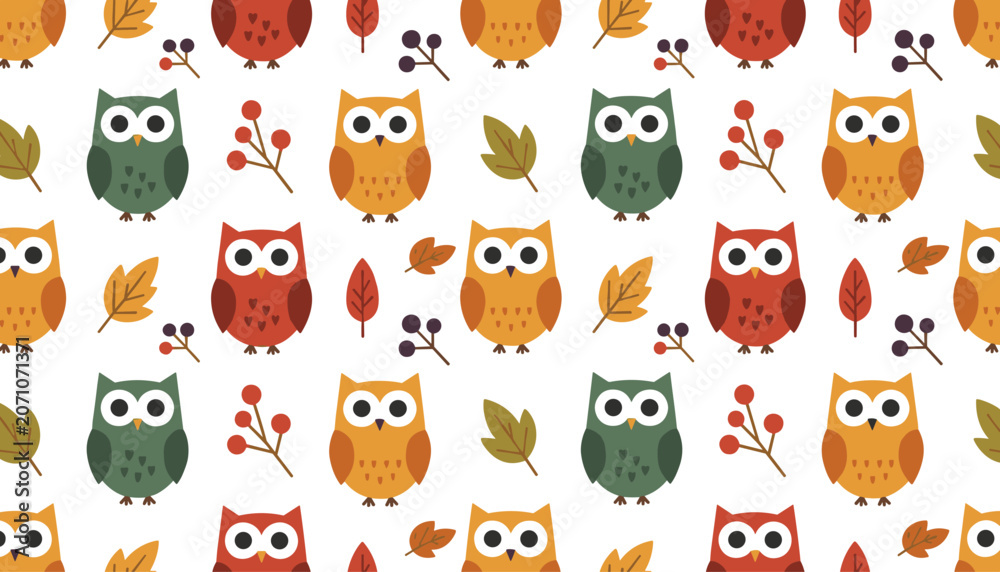 Obraz premium Beautiful autumn seamless pattern features lovely colorful forest owls, dry fall leaves, and small red berries.