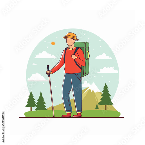 Hiker with backpack and trekking pole in nature scene