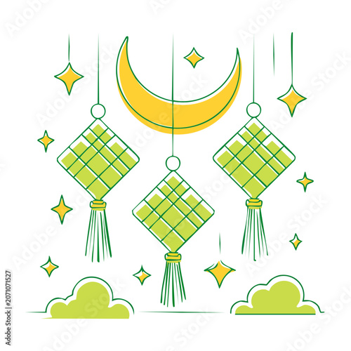 Ketupat and crescent moon with stars and clouds illustration
