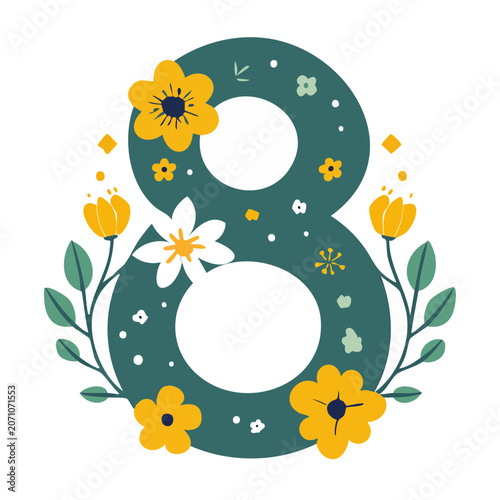 Number 8 with yellow and white flowers and green leaves
