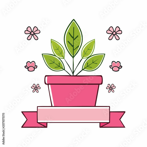 Potted Plant with Flowers and Ribbon