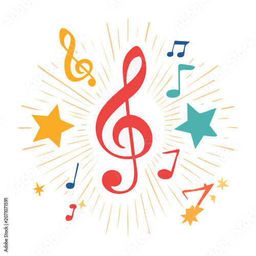 Red music note with geometric stars and rays