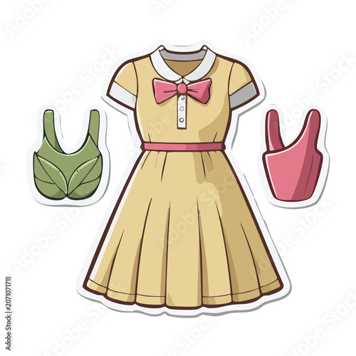 Yellow school dress with bow and camisoles illustration