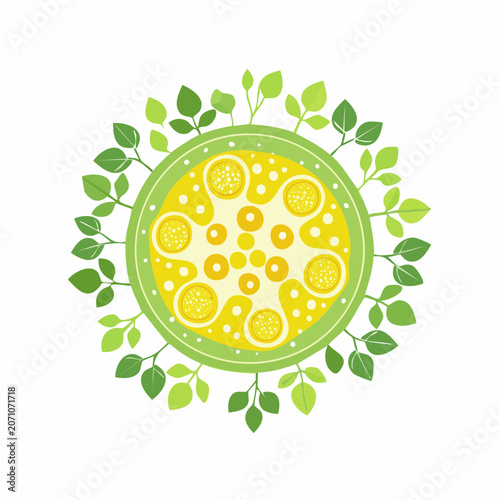 Abstract Circular Design with Yellow Elements and Green Leaves