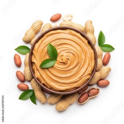 A Ceramic Bowl Filled With Creamy Peanut Butter Surrounded By Whole Peanuts