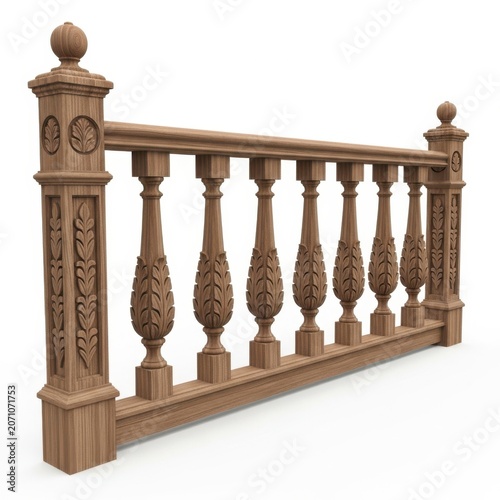 Ornate Carved Wooden Balustrade Section with Detailed Leaf Motifs on White Background