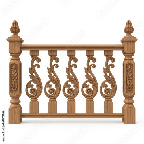 Exquisite hand-carved wooden balustrade section with ornate scrollwork and classical finials.