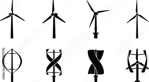 Quadro su tela Set of wind turbine silhouettes featuring horizontal and vertical axis designs f