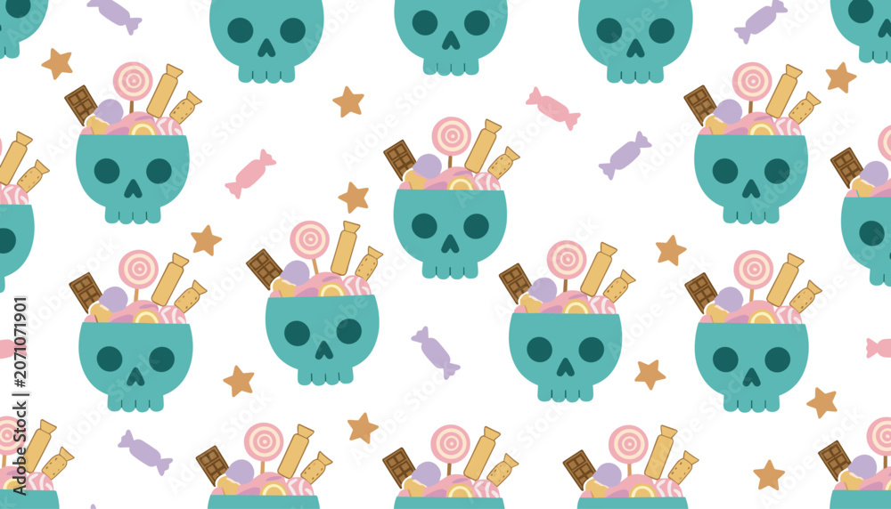 Fototapeta premium Seamless Halloween pattern with teal skulls filled with colorful candies and lollipops on a white background.