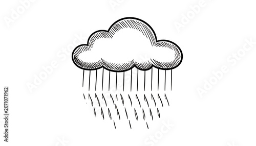Isolated cartoonish rain cloud with falling raindrops, simple line drawing, sketch style for weather or seasonal themes