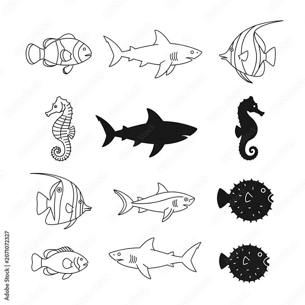 Fototapeta premium Black and white line art collection of animals and insects.