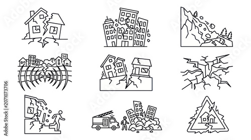 Obraz na plátně Earthquake Damage Icons: Collapsed Buildings, Landslide, Cracks, Firefighter Res
