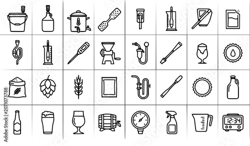 Foto Home Brewing Outline Icon Set with Craft Beverage Equipment and Brewery Tools