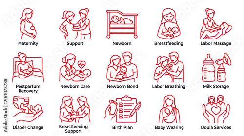 Newborn Baby Care and Maternity Icons: Pregnancy, Breastfeeding, Doula, Birth Plan