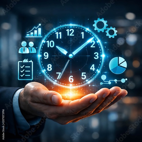 Businessman hand holding glowing clock surrounded by management and strategy icons.