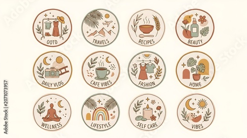 Boho Instagram Story Highlight Icons Vector Sticker Sheet Collection.