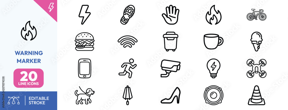 Naklejka premium Daily Life Warning Icons. Containing lightning bolt, flame, burger, bicycle, coffee cup, trash can, umbrella, hand gesture, traffic cone, running person. Editable stroke. Vector illustration.