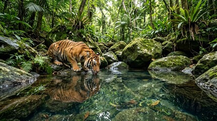 Tiger drinking water in lush green jungle stream, reflection in clear water