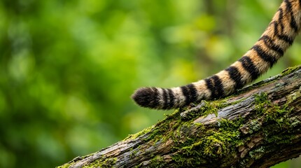 Tiger Tail Hanging from Mossy Tree Branch in Lush Green Forest