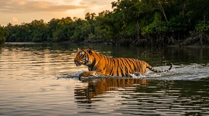 Bengal Tiger Walking Through River Water at Sunset, Sundarbans National Park