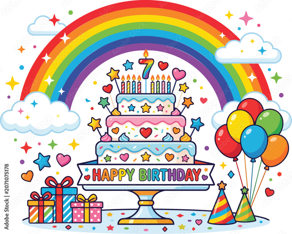Fototapeta premium Colorful birthday celebration, rainbow cake, party decorations, happy birthday vector
