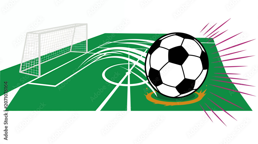 Obraz premium Animated illustration of a soccer ball on a vibrant green field near the goal.