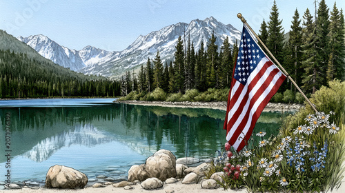 American flag by mountain lake with wildflowers and pine forest under clear sky Watercolor Style