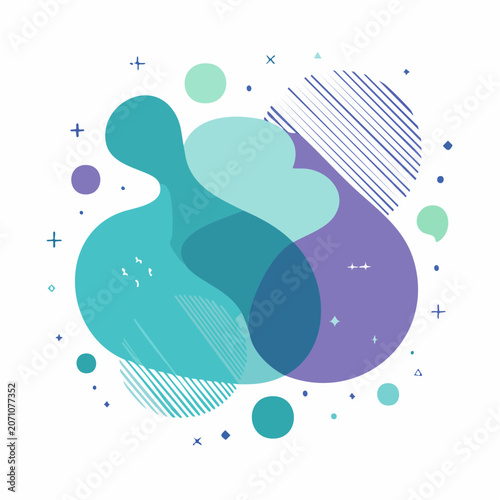 Abstract fluid shapes with geometric elements in blue and purple