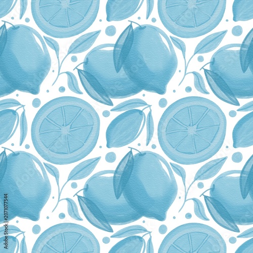 Watercolor seamless pattern featuring hand-painted blue lemons and delicate yellow flowers on a white background. Beautiful citrus botanical design suitable for summer textiles, wallpaper, wrapping pa